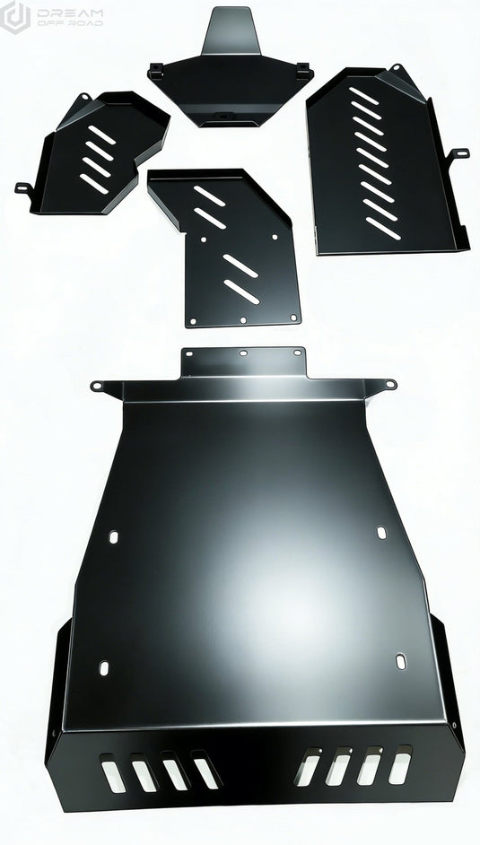 Manganese steel skid plates kit for Porsche Cayenne 955/957 & VW Touareg (2002–2010) — full 5-piece kit layout