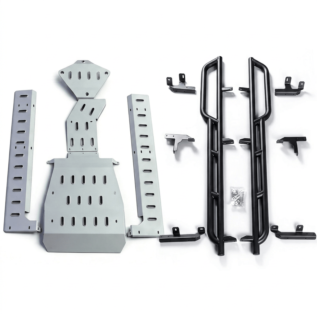 Complete aluminum skid plate kit for Porsche Cayenne 955/957 and VW Touareg (2002–2010) — full kit layout